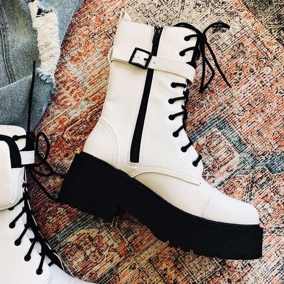 NEW🔥 White Lace-Up Combat Military Mid-Calf Boots w/Pocket Platform Block Heel - Picture 3 of 5